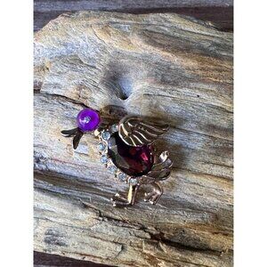 Vintage Gold-Tone Bird Brooch With Purple Rhinestones & Clear Accents
